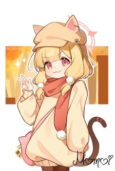 1girl :3 absurdres alternate_costume animal_bag animal_ear_headwear animal_ears arm_at_side artist_name bag bag_charm bell blonde_hair blue_archive blush brown_hat brown_pantyhose cat_ears cat_tail character_name charm_(object) closed_mouth commentary cowboy_shot fake_animal_ears fake_tail hair_ornament halo hand_up handheld_game_console hat highres huashijie_(medium) jingle_bell long_sleeves looking_at_viewer low-tied_sidelocks making-of_available momoi_(blue_archive) newsboy_cap outline pantyhose parted_bangs paw_print pink_bag pink_eyes pink_halo pom_pom_(clothes) pom_pom_hair_ornament pom_pom_scarf puffy_long_sleeves puffy_sleeves red_scarf scarf short_hair shoulder_bag sidelocks smile solo sparkle sweater tail v-shaped_eyebrows w white_outline yanwei_lava yellow_sweater