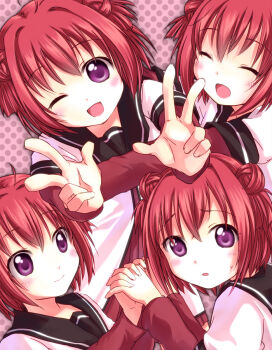 1girl akaza_akari azumaya_kureha blush double_bun double_v dress closed_eyes holding_hands hug multiple_persona one_eye_closed pink_background pink_theme purple_eyes quadruplets red_hair sailor_dress school_uniform serafuku short_hair siblings v wink yuruyuri