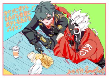 2boys billy_kid bird black_gloves black_jacket blue_background clothed_robot commentary_request dated drink drinking_straw fancylimitime feeding food french_fries from_above gloves green_background green_eyes green_hair hair_over_one_eye highres holding holding_food humanoid_robot jacket leather leather_jacket lighter_(zenless_zone_zero) looking_at_another male_focus mechanical_arms mechanical_hands multiple_boys notice_lines open_mouth red_jacket red_scarf robot robot_boy scarf short_hair shoulder_spikes sitting spiked_jacket spikes studded_gloves sunglasses table translation_request two-tone_background white_bird white_hair yellow_eyes zenless_zone_zero