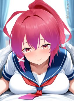 1girl ahoge alternate_breast_size_(larger) blush breast_press breasts commentary_request curtains day dorachan_r hair_ornament hair_ribbon highres i-168_(kancolle) indoors kantai_collection long_hair one-piece_swimsuit pink_hair ponytail red_eyes red_hair ribbon school_swimsuit school_uniform serafuku smile swimsuit swimsuit_under_clothes under_covers