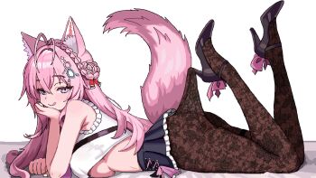 1girl animal_ears antenna_hair bare_shoulders black_shoes black_skirt blush braid braided_bun breasts brown_pantyhose cl_oor closed_mouth clothes_pull commentary crown_braid double_bun fingernails frilled_shirt frills hair_bun hair_ornament hakui_koyori hakui_koyori_(1st_costume) high_heels highres hololive large_breasts long_hair looking_at_viewer lying no_bra on_stomach pantyhose pantyhose_pull pink_eyes pink_hair pixel_art shirt shoes skirt sleeveless sleeveless_shirt smile solo tail thighs tongue tongue_out virtual_youtuber white_background white_shirt wolf_ears wolf_girl wolf_tail