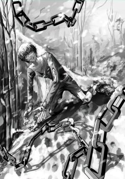 1boy bare_tree barefoot black_hair blood blood_from_mouth blood_on_face broken broken_chain chain clenched_teeth commentary cuffs english_commentary full_body greyscale handcuffs highres kneeling kyta_5 male_focus monochrome motion_blur pants scraped_knee shackles shadow_slave shirt short_hair snow solo sunny_(shadow_slave) teeth torn_clothes tree wide-eyed