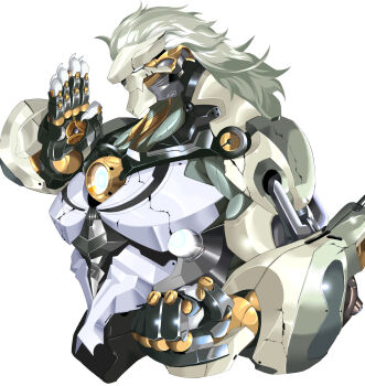 1boy artificial_eye banyue_(zenless_zone_zero) claws clenched_hand commentary_request grey_hair highres humanoid_robot long_hair male_focus mechanical_arms mechanical_eye mechanical_hands metal_skin negi_oekaki_04 robot robot_boy simple_background solo upper_body white_background zenless_zone_zero
