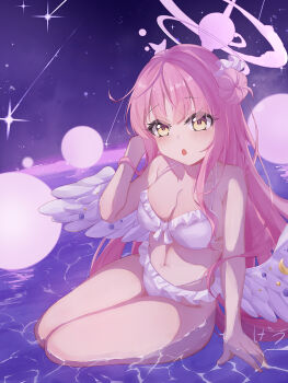 1girl :o absurdres arm_at_side bikini blue_archive blush bow bow_bikini breasts chinese_commentary cleavage collarbone commentary eyes_visible_through_hair feathered_wings frilled_bikini frills full_body hair_between_eyes hair_bun halo halterneck hand_up highres long_hair looking_at_viewer low_wings medium_breasts meteor_shower mika_(blue_archive) mika_(swimsuit)_(blue_archive) navel night ocean official_alternate_costume open_mouth outdoors pink_hair pink_halo sakura_koigetsu sidelocks single_side_bun sitting solo stomach swimsuit thighs very_long_hair white_bikini white_bow white_wings wings yellow_eyes yokozuwari