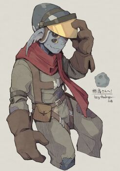 1other alien androgynous belt blue_skin brown_gloves chest_harness colored_skin cowboy_shot cropped_legs extra_eyes fewer_digits gloves gossan_(outer_wilds) hand_on_headwear harness helmet highres okajamira other_focus outer_wilds patchwork_clothes pointy_ears pouch signature simple_background smile solo standing thank_you yellow_eyes