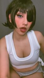 1girl animated armpits bare_legs bare_shoulders bed black_bra black_hair blue_eyes bra breasts chainsaw_man cigarette cleavage cosplay eyepatch female_focus highres himeno_(chainsaw_man) himeno_(chainsaw_man)_(cosplay) indoors interior looking_at_viewer medium_breasts mexican_(nationality) photo_(medium) plump real_life short_hair sitting solo sound tagme taliverse teeth underwear video