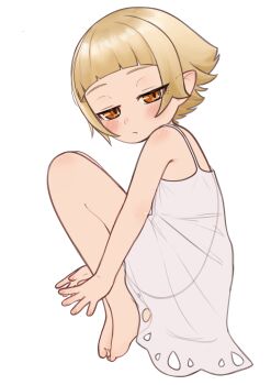 1girl absurdres arched_bangs bare_arms bare_legs barefoot blonde_hair closed_mouth crybabyglo dress fingernails flat_chest from_side full_body half-closed_eyes highres kiss-shot_acerola-orion_heart-under-blade kiss-shot_acerola-orion_heart-under-blade_(small) kizumonogatari knee_blush knees_up legs_together light_blush light_frown looking_at_viewer monogatari_(series) orange_eyes oshino_shinobu pointy_ears ringed_eyes see-through_clothes see-through_dress short_hair shoulder_blush sidelocks simple_background slit_pupils solo sundress white_background white_dress