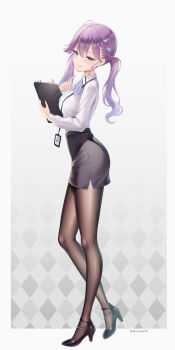 1girl absurdres akiyomi belt bilingual_commentary black_pantyhose black_skirt blue_eyes braid breasts brown_belt butterfly_hair_ornament collared_shirt commentary commentary_request english_commentary full_body gakuen_idolmaster hair_between_eyes hair_ornament half-closed_eyes high_heels highres id_card idolmaster kaya_rinha light_blush long_hair long_sleeves looking_at_viewer medium_breasts mixed-language_commentary neck_ribbon pantyhose parted_lips pencil_skirt pumps purple_hair purple_ribbon ribbon shirt side_slit skirt smile solo standing strappy_heels twintails twitter_username white_shirt