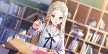 Rule 34 | 1girl, bento, black ribbon, blonde hair, blue reflection (series), blue reflection sun, blurry, blurry background, blush, classroom, collarbone, desk, dutch angle, food, food art, fork, game cg, green eyes, highres, holding, holding fork, incoming food, indoors, kishida mel, long hair, long sleeves, looking at viewer, morisaki alesia yu, neck ribbon, non-web source, official art, open mouth, parted bangs, pov across table, ribbon, rice, school desk, school uniform, serafuku, shelf, shirt, sitting, solo, sunlight, tako-san wiener, white shirt