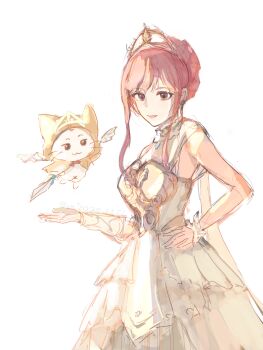 1girl :3 absurdres angel_wings animal arm_warmers armor artist_name bare_shoulders blue_gemstone bow bowtie breastplate brown_eyes brown_pupils bukeyisese40877 cat chest_jewel chinese_commentary cloak closed_mouth clothed_animal collar commentary_request cowboy_shot dated detached_collar dress ear_covers eyelashes frilled_collar frilled_wrist_cuffs frills gem gold_tiara hand_on_own_hip happy highres holding holding_sword holding_weapon hood hood_up hooded_cloak infinity_nikki melody_bloom_(infinity_nikki) momo_(nikki) navel nikki_(nikki) nikki_(series) open_mouth outstretched_hand pink_hair red_bow red_bowtie short_hair_with_long_locks sidelocks simple_background single_arm_warmer single_wrist_cuff sleeveless sleeveless_dress smile spread_wings standing sword traditional_bowtie updo weapon whiskers white_arm_warmers white_background white_cat white_collar white_dress white_wings white_wrist_cuffs winged_animal wings wrist_cuffs yellow_cloak