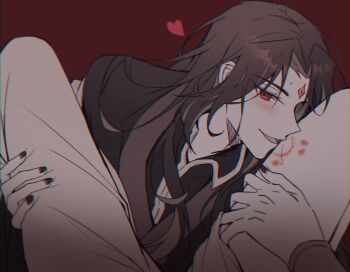 1boy 1other bite_mark bite_mark_on_thigh black_hanfu black_nails blush brown_hair chinese_clothes chromatic_aberration curtained_hair half-closed_eyes hands_on_another's_thighs hanfu heart hickey knees_up kongbbang_d leg_grab limited_palette long_hair long_sleeves looking_at_viewer luo_binghe male_focus messy_hair open_mouth out_of_frame parted_bangs red_background red_eyes renzha_fanpai_zijiu_xitong saliva sidelocks spread_legs sweat very_long_hair zuiyin