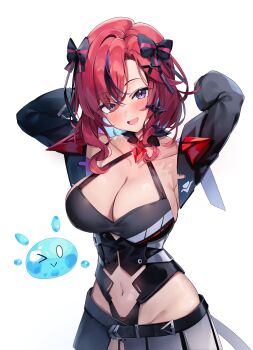 1girl absurdres black_bow black_leotard black_skirt blue_eyes bow breasts cleavage clothing_cutout hair_bow hair_ornament highres hip_focus hip_vent huge_breasts indie_virtual_youtuber jacket kuroshiro_kanae large_breasts leotard looking_at_viewer midriff multicolored_hair navel navel_cutout one_eye_closed open_mouth purple_eyes red_hair saiiren sideboob sidelocks skirt stomach_cutout streaked_hair virtual_youtuber white_background x_hair_ornament