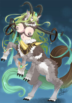 Rule 34 | 1girl, absurdly long tail, body fur, breasts, censored, centauroid, chimera, claws, commentary request, curled horns, dracotail pan, duel monster, full body, gem, green eyes, green gem, green hair, grey fur, hair between eyes, horns, kirisaki byakko, large breasts, long hair, looking at viewer, monster girl, multiple legs, navel, novelty censor, one eye covered, outstretched arm, personification, rearing, shadow, sidelocks, signature, simple background, solo, standing, stomach, tail, taur, very long hair, yu-gi-oh!