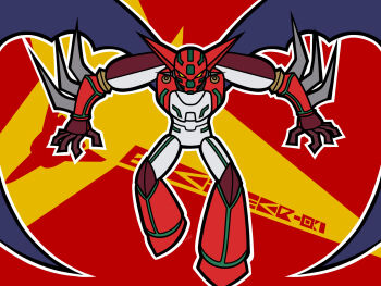 Rule 34 | arm blade, armor, bat wings, citipati 51, commentary request, demon wings, full body, getter robo, highres, looking at viewer, mecha, mecha focus, multicolored armor, outline, red armor, red background, robot, shin getter-1, shin getter robo vs neo getter robo, solo, super robot, weapon, white armor, white outline, wings, yellow eyes