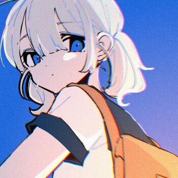1girl backpack bag blue_eyes chromatic_aberration closed_mouth dot_mouth dot_nose eyelashes film_grain gradient_background hair_between_eyes highres looking_at_viewer medium_hair mikkameno_yoru original sailor_collar school_uniform short_sleeves simple_background solo square twintails white_hair