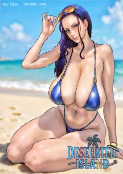 1girl absurdres b_0_rukia bikini black_hair breasts character_name highres large_breasts nico_robin ocean one_piece sand solo sunglasses swimsuit thick_thighs thighs toned toned_female