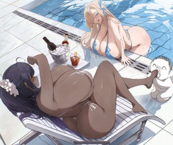 2girls absurdres alcohol alternate_breast_size_(larger) alternate_costume ass asuna_(blue_archive) bare_shoulders bikini black_hair blonde_hair blue_archive blue_bikini blue_eyes blue_ribbon blush breast_rest breasts champagne cleavage cup curvy dark-skinned_female dark_skin drink drinking_glass feet gigantic_breasts hair_over_one_eye highres hth5k huge_ass ice_bucket karin_(blue_archive) licking licking_foot long_hair micro_bikini multiple_girls no_halo partially_submerged ponytail pool poolside ribbon scrunchie sensei_(blue_archive) sideboob sitting smile string_bikini swimsuit thick_thighs thighs thong thong_bikini very_long_hair water white_bikini white_scrunchie wide_hips yellow_eyes