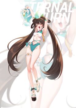 Rule 34 | 1girl, ;d, absurdres, aqua bikini, armpits, arms up, bikini, black survival, blue bikini, breasts, brown eyes, brown hair, commentary, copyright name, double bun, eternal return: black survival, full body, green bikini, hair bun, hair ornament, highres, holding, korean commentary, legs, li dailin, long hair, looking at viewer, lovett35, medium breasts, nail polish, navel, one eye closed, open mouth, platform sandals, sandals, small breasts, smile, solo, swimsuit, thigh strap, toenail polish, toenails, toes, twintails, underboob, very long hair, white background, zoom layer