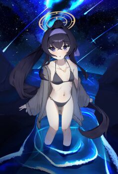 1girl :o bikini black_bikini black_jacket blue_archive blush cheeckae clenched_hand collarbone commentary hairband halo high_ponytail highres jacket jacket_partially_removed jewelry long_hair looking_at_viewer meteor_shower navel necklace night ocean official_alternate_costume partially_submerged ponytail purple_hairband single_bare_shoulder sky sleeves_past_wrists solo standing star_(sky) starry_sky string_bikini swimsuit ui_(blue_archive) ui_(swimsuit)_(blue_archive) yellow_halo