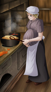 1800s 1girl anoartist1994 apron atlus black_skirt blonde_hair blouse blue_eyes bonnet brown_shoes christmas commission commissioner_upload cooking dress hands_on_own_stomach housewife indoors irem kitchen long_skirt maid mature_female oven pregnant purple_dress shirt shoes short_hair skirt smile solo steambot_chronicles striped_clothes striped_dress united_kingdom victorian victorian_maid white_cap wooden_floor