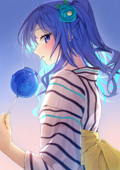 1girl absurdres blue_eyes blue_flower blue_hair blue_rose blush candy_apple commentary_request flower food hair_flower hair_ornament ham3c highres holding holding_candy_apple holding_food hololive hoshimachi_suisei japanese_clothes kimono long_hair long_sleeves looking_at_viewer one_side_up open_mouth rose solo striped_clothes striped_kimono upper_body virtual_youtuber white_kimono wide_sleeves