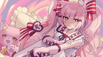 1other :3 :d animal_ear_fluff animal_ears annoyed bell blunt_bangs blush bow breast_pocket brown_ribbon cat cat_ears collar commission cross-laced_armwear estella_(millie_(mahoustars)) frilled_collar frilled_sleeves frills hair_bow hair_ornament hand_on_own_arm highres knees_up long_hair magical_star_(millie_(mahoustars)) neck_ribbon open_mouth original other_focus outline pantyhose pillow pink_arm_warmers pink_cat pink_hair pink_tail pocket red_bow red_ribbon ribbon saeki_saiki second-party_source shirt short_sleeves sidelocks sitting skeb_commission smile solo star_(symbol) star_in_eye striped_bow striped_ribbon sweat symbol_in_eye tail tail_ornament tail_ribbon two_side_up very_long_hair white_outline white_pantyhose white_shirt x_hair_ornament yellow_eyes