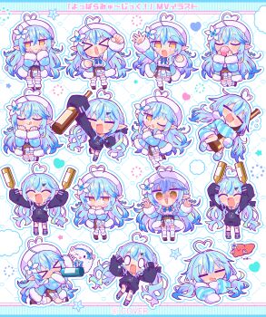 1girl absurdres ahoge black_sweater blue_hair blush blush_stickers bottle camisole choko_(cup) colored_tips commentary_request cup drunk elf flower frilled_camisole frills hair_flower hair_ornament heart heart_ahoge highres holding holding_bottle holofive hololive multicolored_hair multiple_views official_art pointy_ears richard_(richaball) sake_bottle sleeping snowflake_print streaked_hair sweater virtual_youtuber wine_bottle yellow_eyes yukihana_lamy yukihana_lamy_(1st_costume) yukihana_lamy_(cyber) yukihana_lamy_(roomwear) yukimin_(yukihana_lamy)