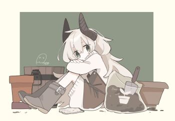 1girl aida_(aidia) apron arms_on_knees boots brown_apron brown_boots brown_horns bucket closed_mouth commentary_request dress flower_pot gloves green_background green_eyes grey_hair highres horns knees_up long_hair looking_at_viewer looking_to_the_side original outside_border sack signature sitting smile soil solo sweater sweater_dress trowel unworn_gloves very_long_hair white_dress