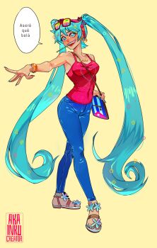 1girl absurdly_long_hair aqua_eyes aqua_hair aqua_nails artist_name bag bracelet camisole covered_navel cuba cuban_flag earrings eyewear_on_head full_body hair_ornament hatsune_miku highres hoop_earrings jewelry long_hair multiple_bracelets necklace open_mouth red_camisole sandals shoulder_bag simple_background skronkl smile solo speech_bubble standing translation_request twintails very_long_hair vocaloid worldwide_miku yellow_background