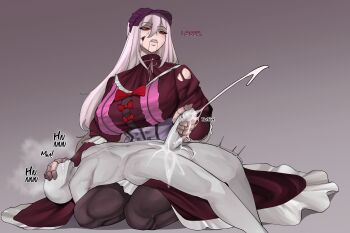 1boy 1girl absurdres agalmatophilia black_dress breasts brothbowl cracked_skin cum doll doll_girl doll_joints dress ejaculation femdom frilled_dress frills gradient_background grey_background grey_hair hair_between_eyes hairband handjob hetero highres indie_virtual_youtuber joints jowol large_breasts long_hair long_sleeves looking_at_penis lying lying_on_another lying_on_person on_back penis red_eyes torn_clothes virtual_youtuber