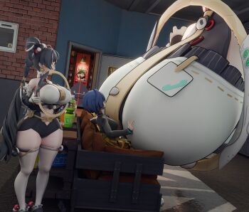 2girls 3d alternate_breast_size_(larger) belle_(zenless_zone_zero) black_hair blender_(medium) blue_hair braid breast_press breasts couch decodec dialyn_(zenless_zone_zero) giant giantess hair_extensions highres huge_breasts indoors long_hair multicolored_hair multiple_girls portal_(object) shoes short_hair sitting split-color_hair standing thick_thighs thighhighs thighs through_portal white_hair white_thighhighs zenless_zone_zero