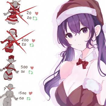 1girl animal_ears arurin_nor asahina_mafuyu bare_shoulders bow bowtie breasts capelet christmas cleavage closed_mouth collarbone commentary_request detached_collar dress drop_shadow fake_animal_ears fake_antlers fur-trimmed_capelet fur-trimmed_dress fur-trimmed_gloves fur-trimmed_headwear fur_trim gloves hair_between_eyes hat high-ended_braid highres large_breasts leotard long_hair looking_at_viewer naked_ribbon official_alternate_hairstyle project_sekai purple_eyes purple_hair red_bow red_bowtie red_capelet red_dress red_gloves red_leotard red_ribbon ribbon santa_costume santa_hat sidelocks simple_background solo strapless strapless_leotard twintails white_background wonderhorror~!?_na_kimodameshi!_(project_sekai)