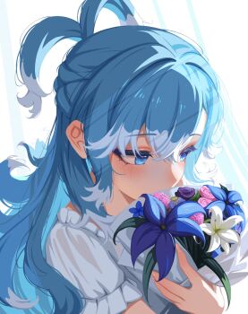 1girl alternate_costume averting_eyes blue_eyes blue_hair blurry blurry_foreground blush bouquet braid colored_tips commentary crossed_bangs english_commentary flower frilled_shirt frills half_up_braid highres holding holding_bouquet hololive hololive_indonesia kobo_kanaeru long_hair multicolored_hair puffy_short_sleeves puffy_sleeves sansha_art shirt short_sleeves solo two-tone_hair upper_body virtual_youtuber wavy_hair white_hair white_shirt