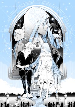 3boys 4girls amao_miyuki anankos arete_(fire_emblem) azura_(fire_emblem) bare_shoulders barefoot blue_hair breasts brother_and_sister double-parted_bangs dress female_kana_(fire_emblem) fire_emblem fire_emblem_fates hair_between_eyes holding_another&#039;s_hair hood jewelry lilith_(fire_emblem) long_hair male_corrin_(fire_emblem) medium_breasts multiple_boys multiple_girls nintendo pendant shigure_(fire_emblem) short_hair siblings sidelocks very_long_hair watermark watermark_grid white_hair