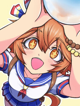 1girl absurdres animal_ears bead_bracelet beads blue_sailor_collar blue_skirt blush bracelet breasts crystal_ball ear_covers ema flipped_hair from_above hair_between_eyes hair_ornament highres holding holding_orb horse_ears horse_girl horse_tail jewelry looking_up matikanefukukitaru_(rising_fortune)_(umamusume) matikanefukukitaru_(umamusume) medium_breasts mia-miage1205 neckerchief open_mouth orange_hair orb red_neckerchief sailor_collar school_uniform serafuku shirt short_hair short_sleeves skirt smile solo star-shaped_pupils star_(symbol) symbol-shaped_pupils tail umamusume white_shirt