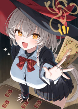 1girl between_fingers blue_archive bow bowtie braid breasts card card_between_fingers eri_(blue_archive) grey_hair hat highres holding jewelry large_breasts long_hair orange_eyes pleated_skirt ring side_braid skirt sparkling_eyes striped_bow striped_bowtie striped_clothes tarot tarot_card witch_hat yon_(letter)