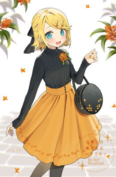 1girl :d artist_name black_pantyhose black_sweater blonde_hair blue_eyes blush commentary_request ctd_114 feet_out_of_frame hand_up highres kagamine_rin long_sleeves looking_at_viewer open_mouth orange_skirt pantyhose parted_bangs ribbed_sweater short_hair skirt smile solo standing sweater turtleneck turtleneck_sweater vocaloid watermark