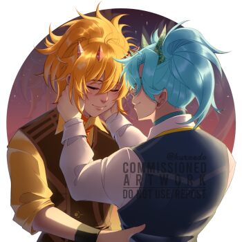 Rule 34 | 2boys, blue hair, blue vest, brown vest, closed eyes, closed mouth, commentary, commission, english commentary, hair between eyes, hands on another's cheeks, hands on another's face, highres, horns, kuraedo, male focus, multiple boys, nose, orange hair, original, shirt, short hair, vest, vgen commission, white shirt, yaoi, yellow shirt