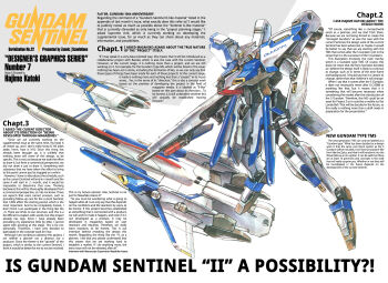 aircraft airplane chapter cockpit formal_clothes gundam gundam_sentinel gundam_sentinel_u2171 highres jet logo magazine_spread mecha mobile preliminary_artwork robot suit v-fin