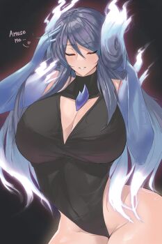 1girl absurdres blue_fire blue_hair breasts brighid_(xenoblade) calmgreentori cleavage closed_eyes covered_navel english_text fiery_hair fire glowing glowing_hair heart highres leotard solo teeth thighs xenoblade_chronicles_(series) xenoblade_chronicles_2