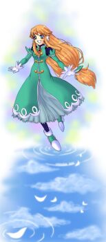 1girl blonde_hair blue_eyes breasts detached_sleeves dress facial_mark forehead_mark full_body green_dress green_sleeves highres long_hair medium_breasts mega_man_(series) mega_man_zx official_alternate_costume prairie_(mega_man) ripples robot_ears sleeveless sleeveless_dress solo whiteabsol