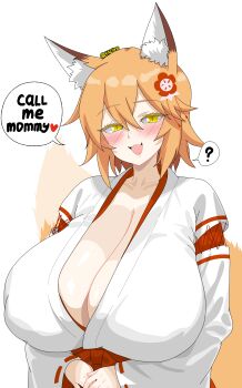 1girl absurdres aged_up alternate_breast_size_(larger) animal_ear_fluff animal_ears blush breasts cleavage english_text fox_ears fox_girl fox_tail hair_ornament hakama highres huge_breasts japanese_clothes kimono looking_at_viewer miko no_bra open_mouth orange_hair red_hakama ribbon-trimmed_sleeves ribbon_trim senko_(sewayaki_kitsune_no_senko-san) sewayaki_kitsune_no_senko-san simple_background smile solo speech_bubble tail txlyre white_background white_kimono yellow_eyes