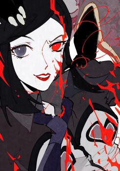 1girl amano_maya black_hair black_sleeves blood blue_eyes blue_necktie collared_dress dress heart heart_print heterochromia highres long_sleeves looking_at_viewer necktie parted_lips persona persona_2 persona_2_batsu red_eyes red_lips shenhaihua short_hair smile solo split_theme v-shaped_eyebrows