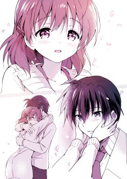 Rule 34 | 1boy, 1girl, ^ ^, akina tsukako, antenna hair, blazer, blush, clannad, closed eyes, commentary request, crying, crying with eyes open, dress, falling petals, furukawa nagisa, hands on own face, hetero, highres, hikarizaka private high school uniform, hug, jacket, looking at another, medium hair, monochrome, necktie, okazaki tomoya, petals, school uniform, simple background, smile, sweater, sweater dress, tears, white background