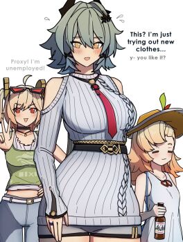 3girls ahoge alternate_costume black_horns blonde_hair blush bottle breasts burnice_white caesar_king_(zenless_zone_zero) clothing_cutout commentary cosplay crop_top dorahdew dress english_commentary english_text eyewear_on_head flying_sweatdrops green_hair grey_dress hair_between_eyes hair_ornament hand_on_own_hip highres holding holding_bottle horns large_breasts looking_at_viewer multiple_girls open_mouth piper_wheel shoulder_cutout simple_background sunglasses sweater sweater_dress v white_background wuthering_waves yellow_eyes zani_(downtown_repose)_(wuthering_waves) zani_(wuthering_waves) zani_(wuthering_waves)_(cosplay) zenless_zone_zero