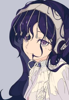 1girl absurdres black_hair closed_mouth dress electrodes eyelashes highres isolde_(reverse:1999) long_hair looking_at_viewer portrait purple_background purple_eyes reverse:1999 smile solo white_dress xiao_jin_caoooooooi