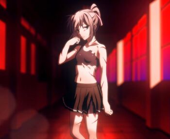 1girl bare_shoulders black_bra black_shorts black_skirt blood blue_eyes bluesy_fluesy bow bra breasts closed_mouth collarbone cuts female_focus grey_hair hair_bow hair_ribbon highres indoors injury legs long_hair looking_at_viewer midriff miniskirt navel pink_bow pink_ribbon pleated_skirt ponytail ribbon school_uniform sexually_suggestive shorts skirt small_breasts solo solo_focus sports_bra stomach taboo_tattoo thighs torn_bra torn_clothes underwear wounds