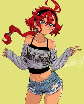 1girl black_camisole blue_shorts camisole casual clothes_writing commentary copyright_name crop_top dark-skinned_female dark_skin denim denim_shorts female_focus grey_shirt gundam gundam_suisei_no_majo highres midriff navel red_hair shirt shorts solo suletta_mercury tan torn_clothes torn_shorts watermark yamashita_shun'ya yellow_background