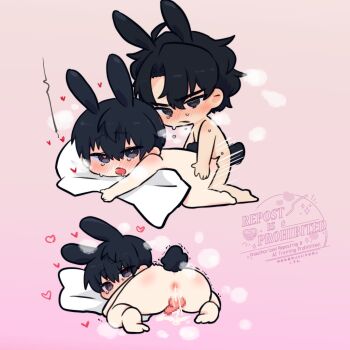 2boys after_anal anal animal_ears black_eyes black_hair blush censored chibi chibi_only commentary cum cum_in_ass cumdrip double-parted_bangs hair_between_eyes highres kim_dokja kimidori_22 kneeling male_focus mosaic_censoring multiple_boys nude omniscient_reader&#039;s_viewpoint open_mouth penis rabbit_boy rabbit_ears rabbit_tail sex sex_toy short_hair sweatdrop symbol-only_commentary tail yaoi yoo_joonghyuk