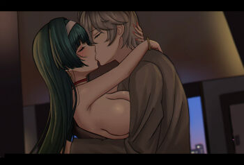 1boy 1girl astra_yao black_hair bracelet breasts choker closed_eyes commentary_request earrings from_side grey_hair grey_shirt hairband hetero highres jewelry kiss large_breasts long_hair long_sleeves paid_reward_available pink_nails red_choker selcky shirt short_hair sideboob topless_female very_long_hair very_short_hair white_hairband wise_(zenless_zone_zero) zenless_zone_zero